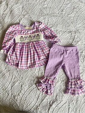 Marie Nicole Smocked Ghost Gingham Lavender Kids Matching Set